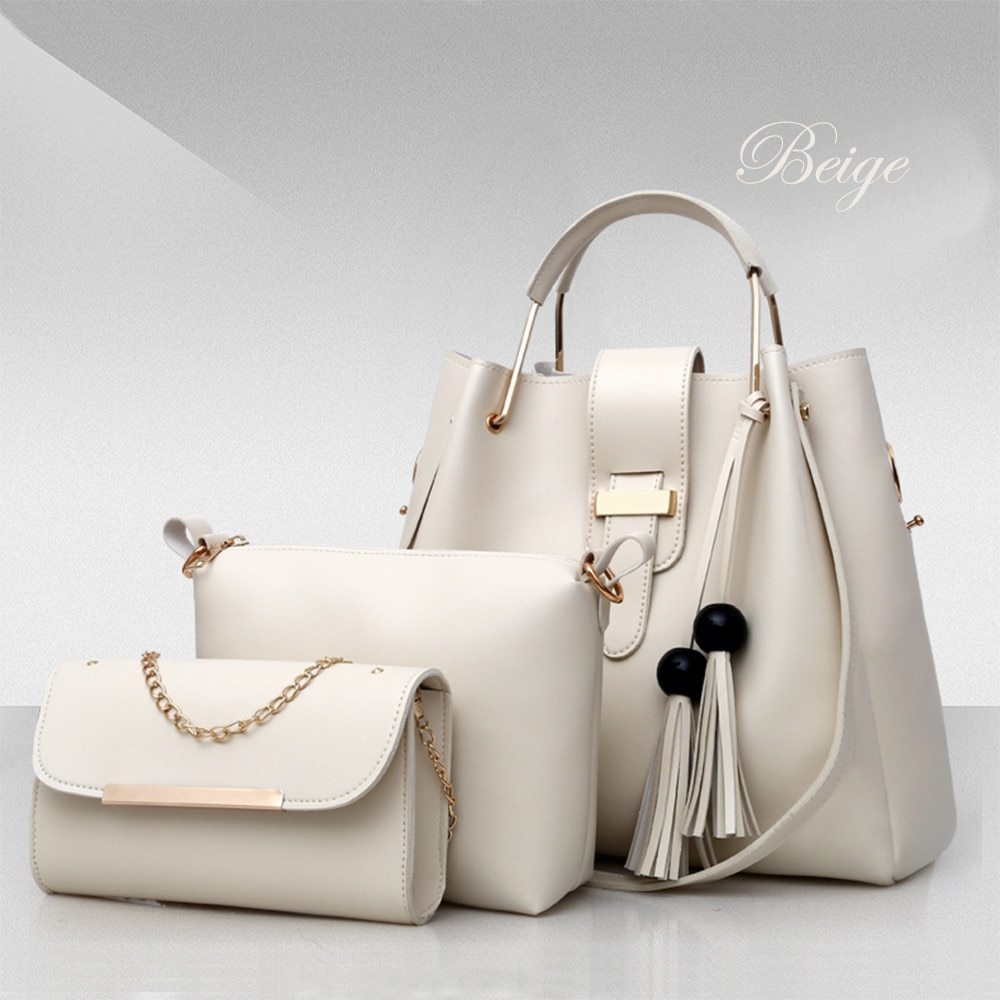Women 3Pcs Or Set Handbags PU Leather Shoulder Bags Casual Tote Bag Tassel Metal Handle Designer Composite Bags - Kenzllc