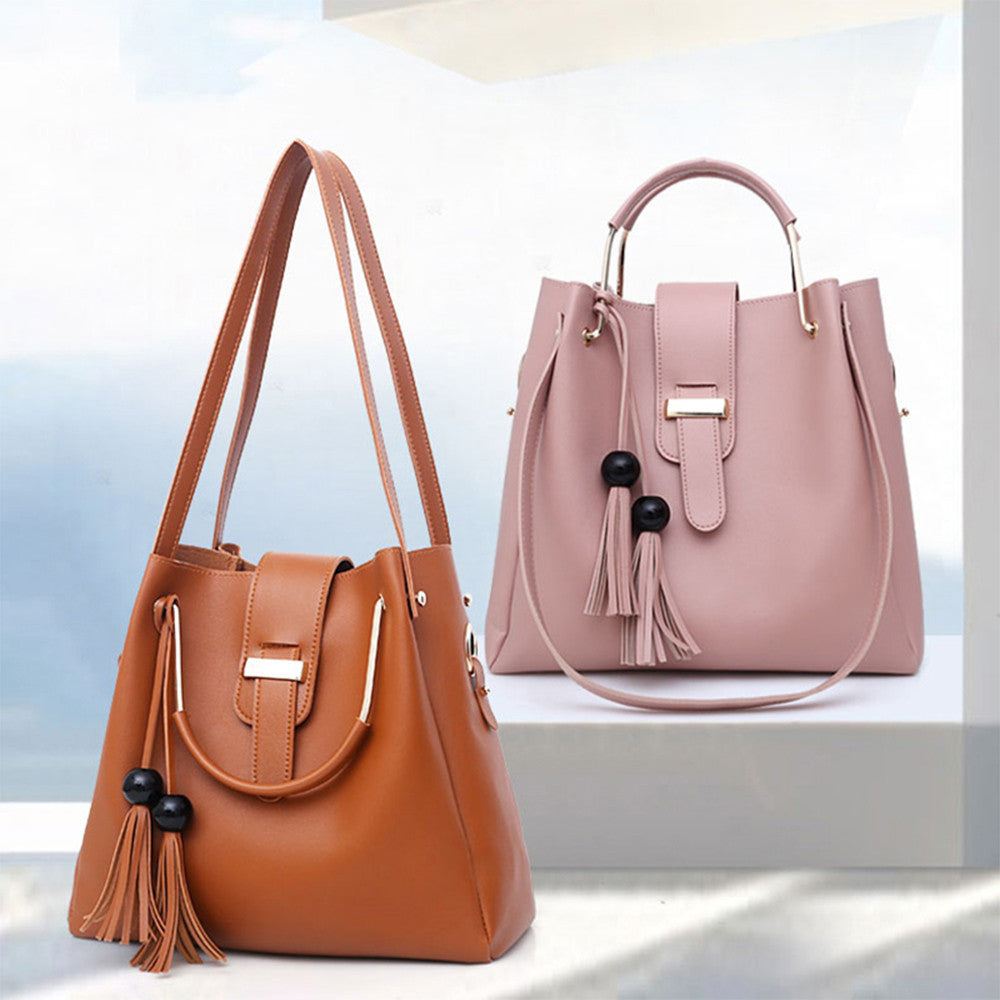 Women 3Pcs Or Set Handbags PU Leather Shoulder Bags Casual Tote Bag Tassel Metal Handle Designer Composite Bags - Kenzllc