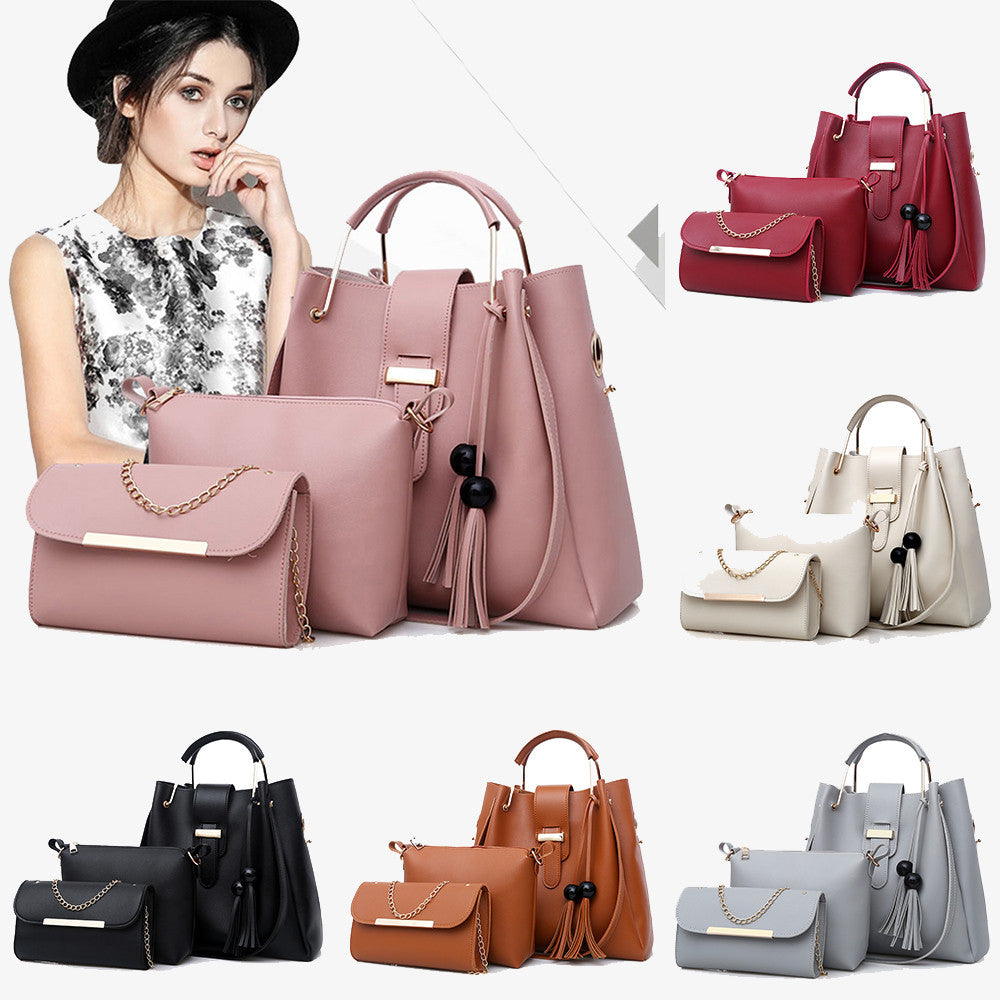 Women 3Pcs Or Set Handbags PU Leather Shoulder Bags Casual Tote Bag Tassel Metal Handle Designer Composite Bags - Kenzllc