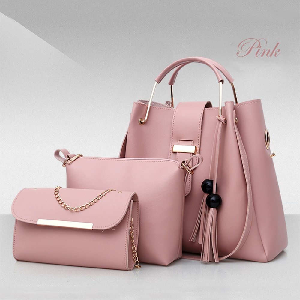 Women 3Pcs Or Set Handbags PU Leather Shoulder Bags Casual Tote Bag Tassel Metal Handle Designer Composite Bags - Kenzllc