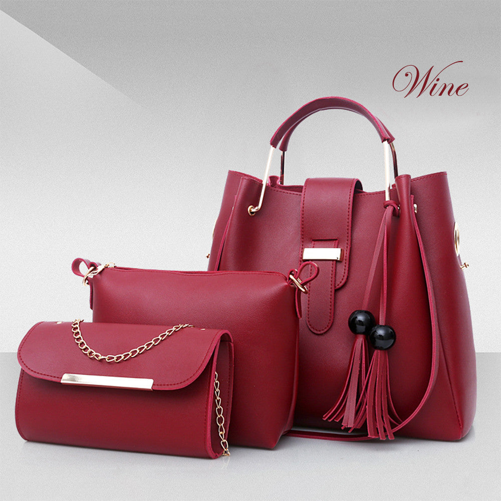 Women 3Pcs Or Set Handbags PU Leather Shoulder Bags Casual Tote Bag Tassel Metal Handle Designer Composite Bags - Kenzllc