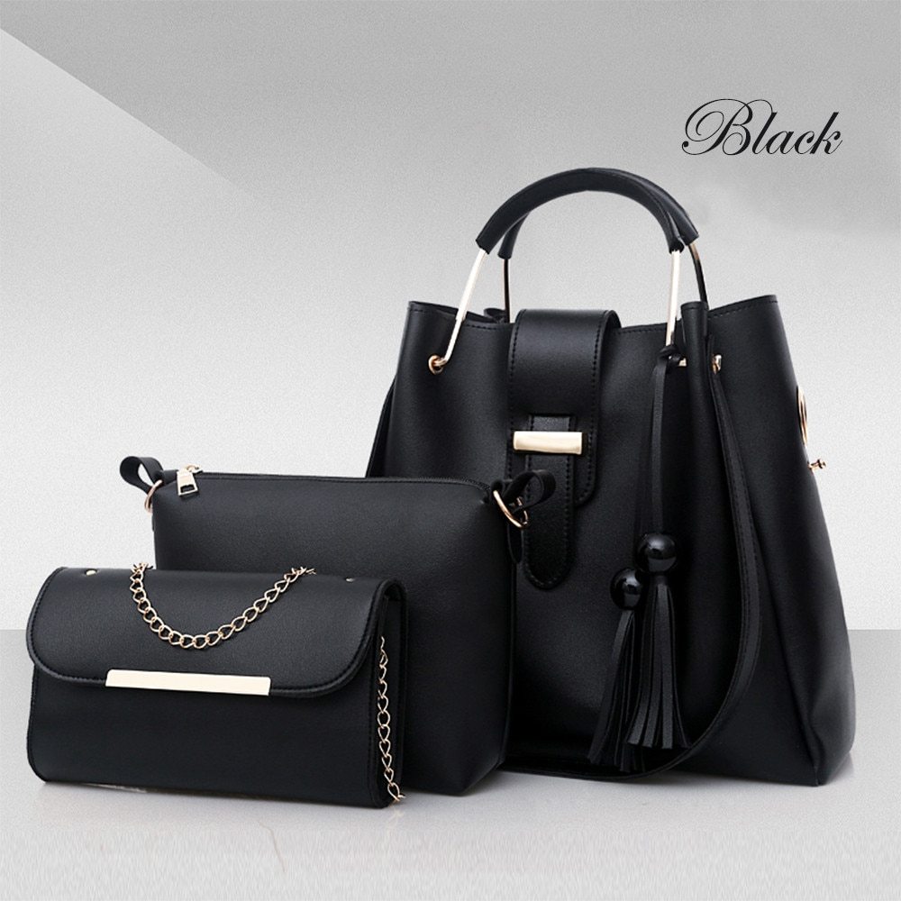 Women 3Pcs Or Set Handbags PU Leather Shoulder Bags Casual Tote Bag Tassel Metal Handle Designer Composite Bags - Kenzllc