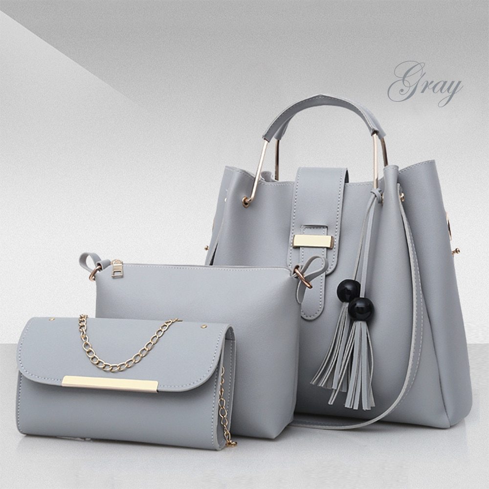 Women 3Pcs Or Set Handbags PU Leather Shoulder Bags Casual Tote Bag Tassel Metal Handle Designer Composite Bags - Kenzllc