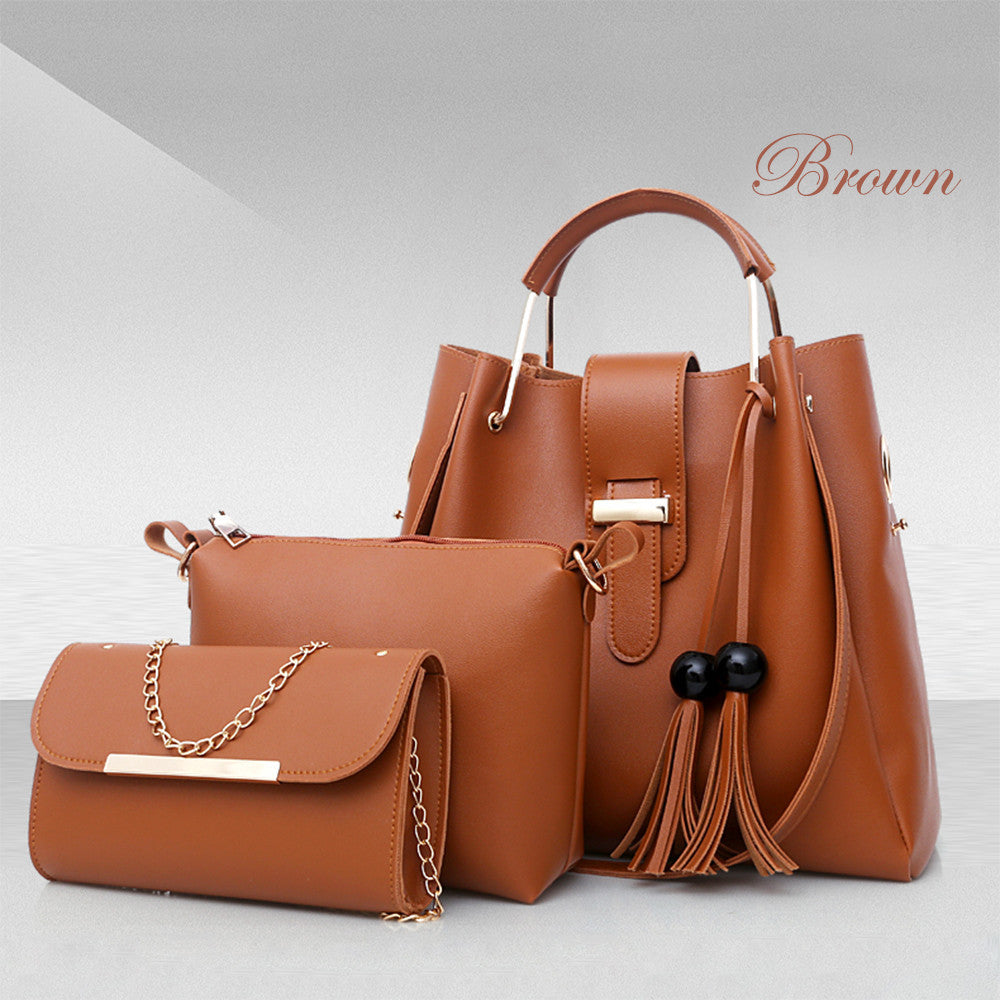 Women 3Pcs Or Set Handbags PU Leather Shoulder Bags Casual Tote Bag Tassel Metal Handle Designer Composite Bags - Kenzllc