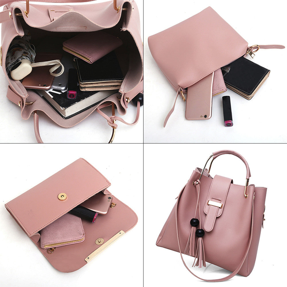 Women 3Pcs Or Set Handbags PU Leather Shoulder Bags Casual Tote Bag Tassel Metal Handle Designer Composite Bags - Kenzllc